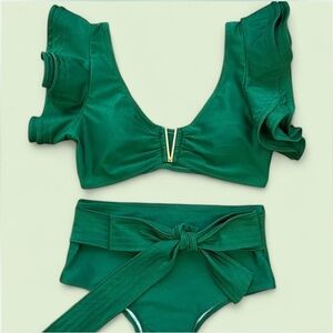 Green Gold Flutter Ruffle Sleeves Bikini Swim Resort Beachy Pinup Glamour XXL